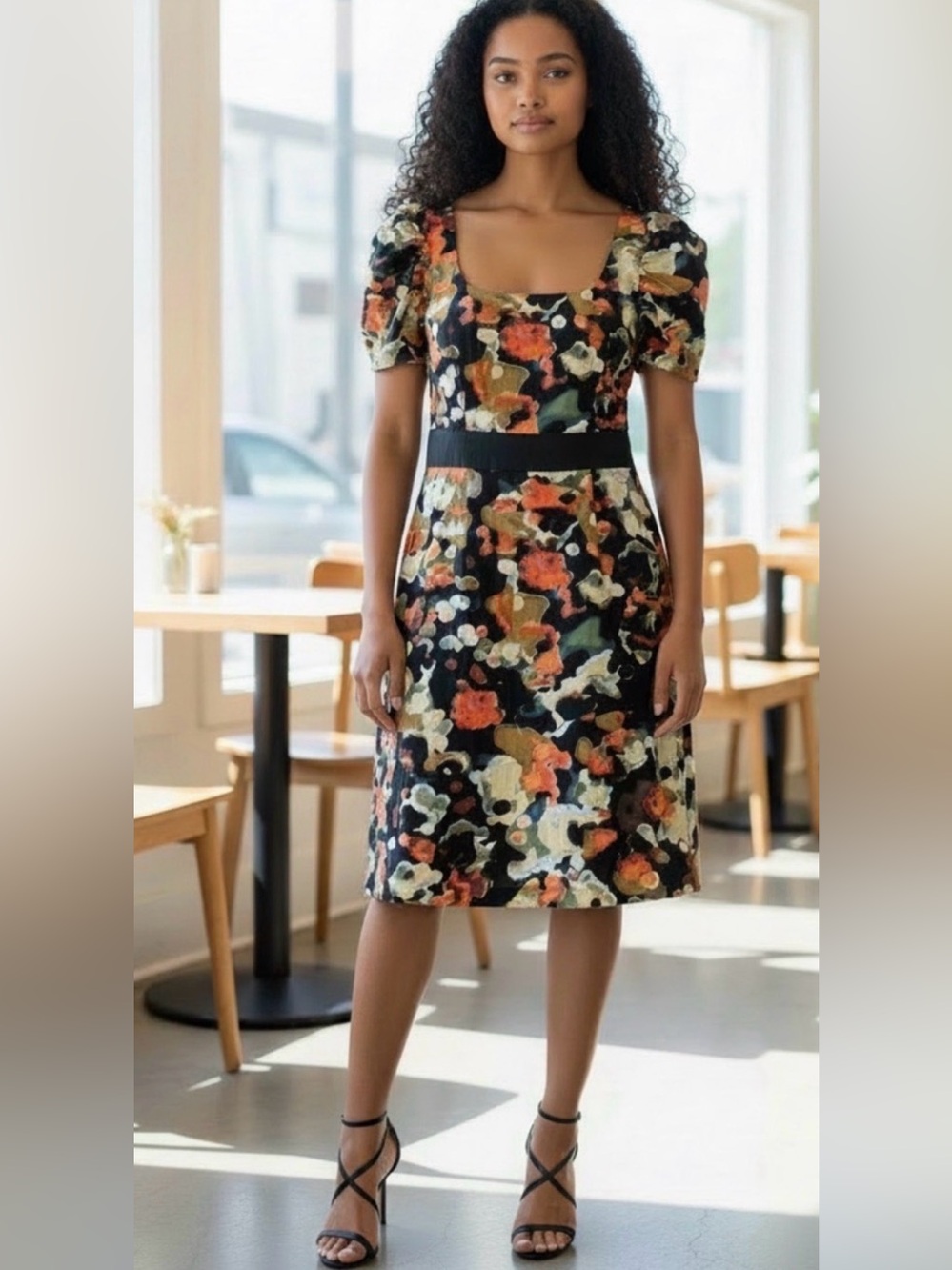 Moulinette Soeurs Black Midi Dress with Multicolor Floral Print